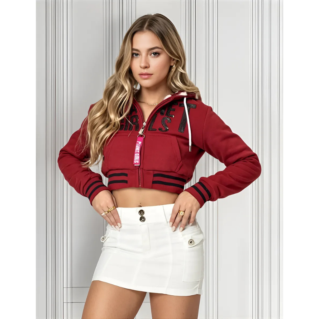 Blusa Cropped Moletom Dupla Face Vermelho Escuro Letreiro Paete Planet Girls
