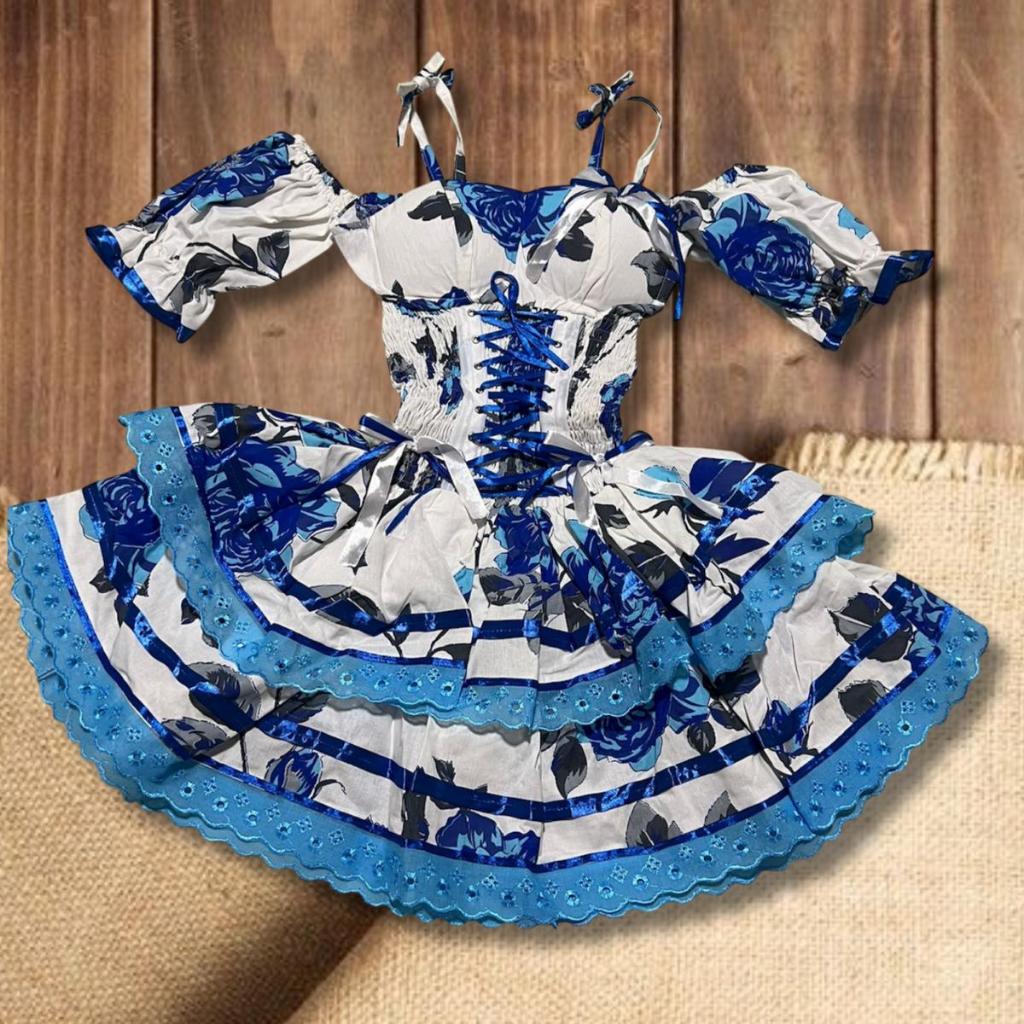 Vestido Caipira Feminino de Festa Junina Luxo Super Rodado Acinturado - Vestido Junino - Maria Bonita