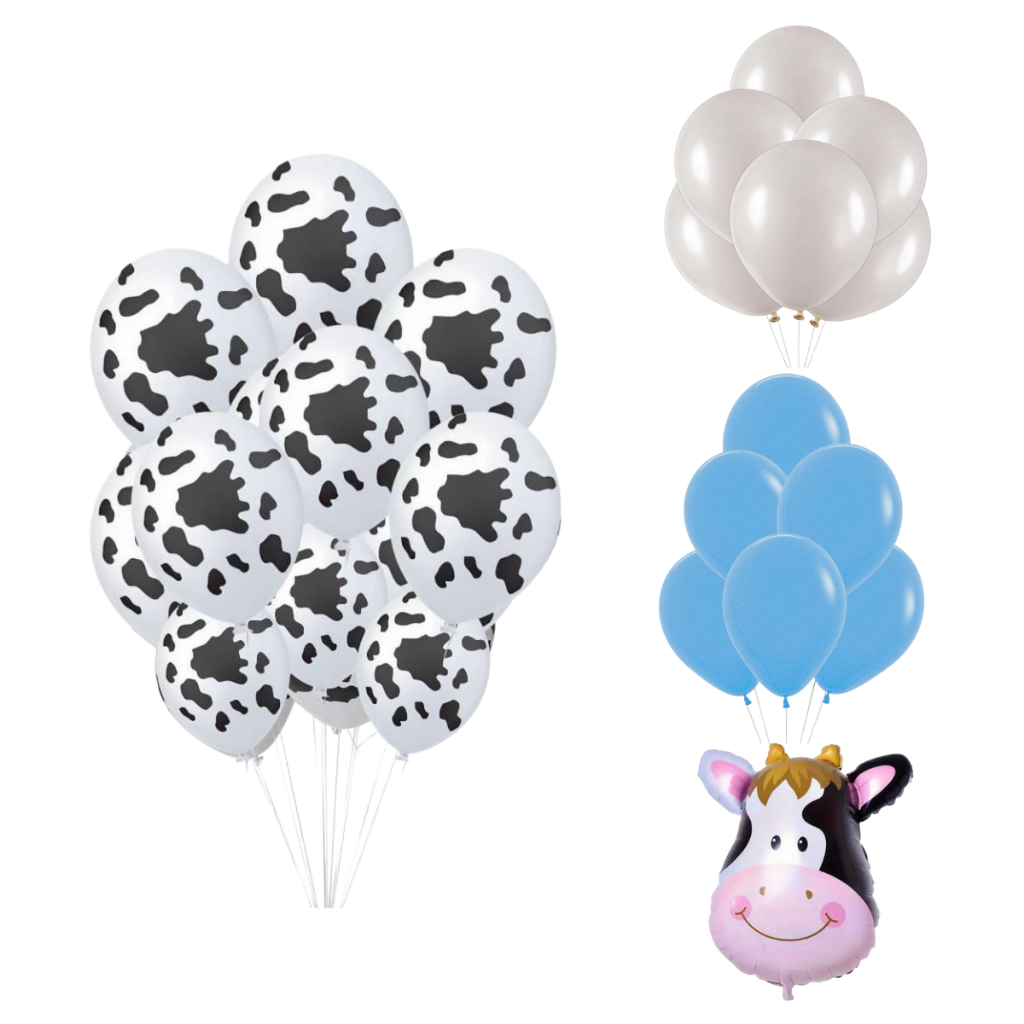 25 Balões Mancha de Vaca + 10 Balão Liso Azul Claro + 10 Balão Liso Branco + 5 Balões Metalizados