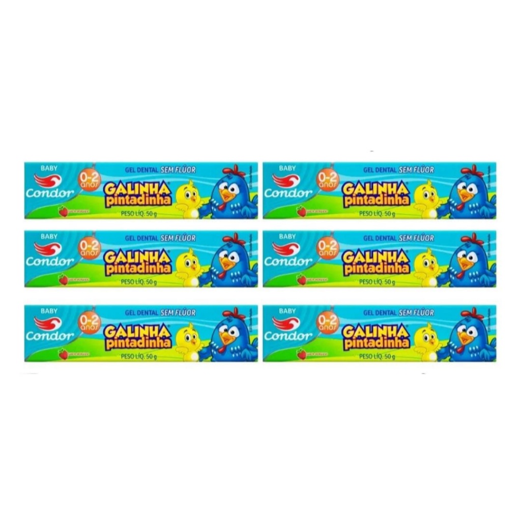 Kit C/6 Gel Dental S/ Flúor Galinha Pintadinha Condor 50g Cada