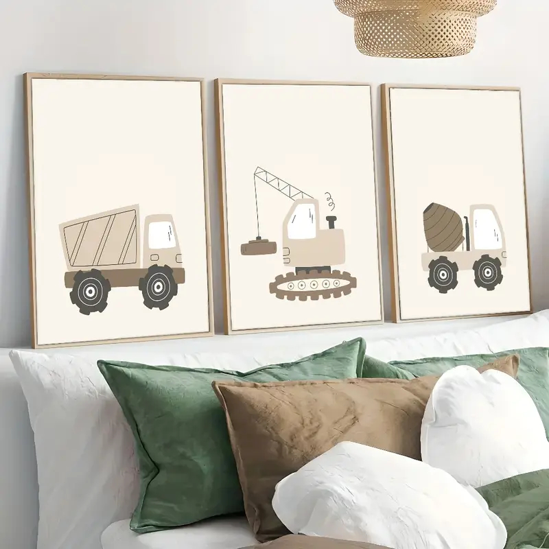 3 Quadros Veículos de Construção – Caminhão, Guindaste e Betoneira em Arte Geométrica Moderna