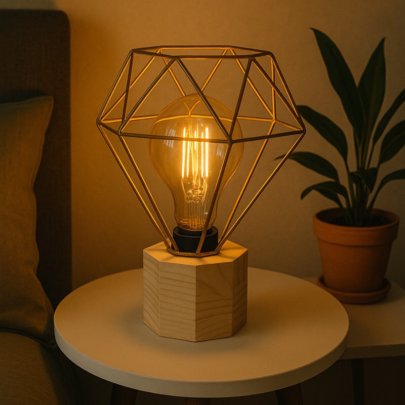 Luminária Mesa Abajur Cubo minimalista De 8 Lados De Madeira Com Aramado Diamante, Decoração Sala, Decoração Para Quarto