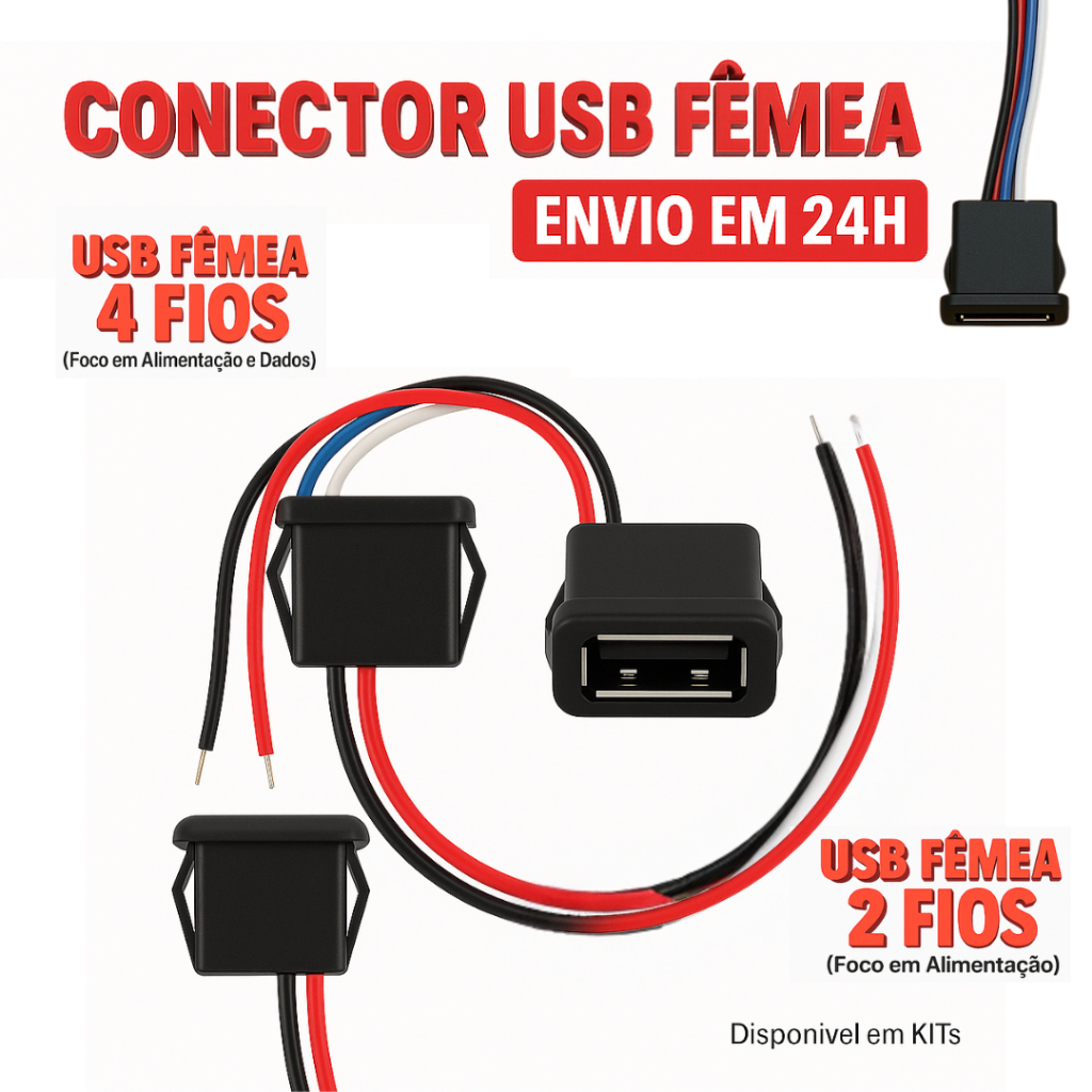 Conector USB Fêmea com acabamento Fios Soldar OPÇÃO 2 fios ou 4 fios
