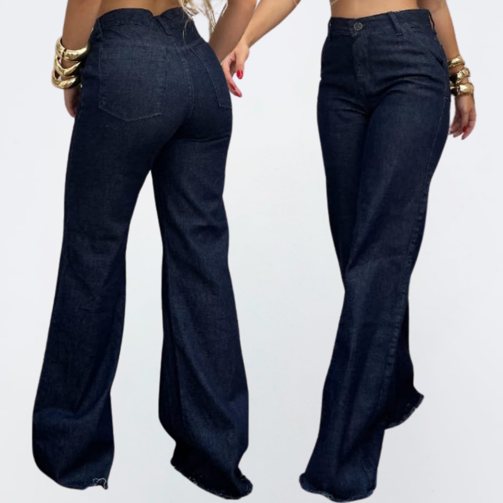 Calça Jeans Feminina Cintura Alta Wide Leg Jeans Escuro Pantalona Levanta Bumbum Cós Alto