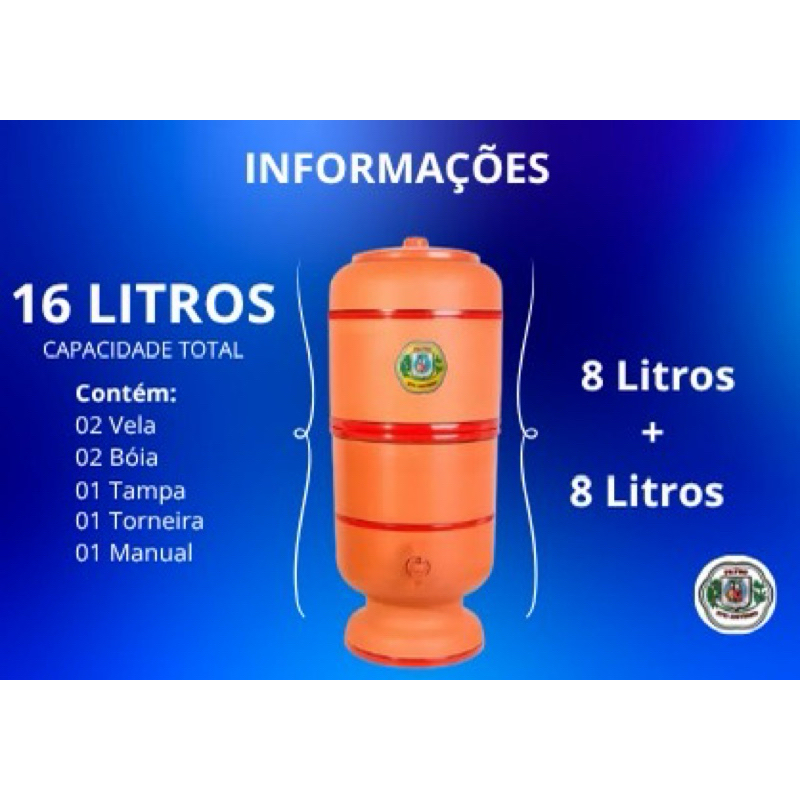 Filtro de barro 16 litro (8+8) com vela de carvão.
