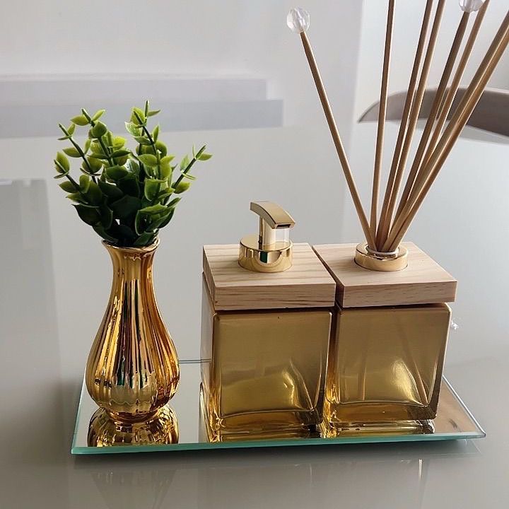 Kit Banheiro Lavabo Cubo Ouro Madeira 4 peças  com ou sem essência Aromatizante - Decoração para Ambiente