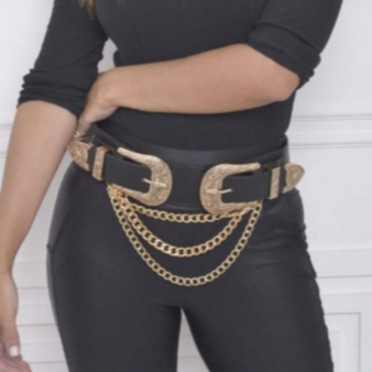 Cinto elástico estilo country de duas fivelas e três correntes双扣牛头松紧带3条链 em Oferta na Shopee