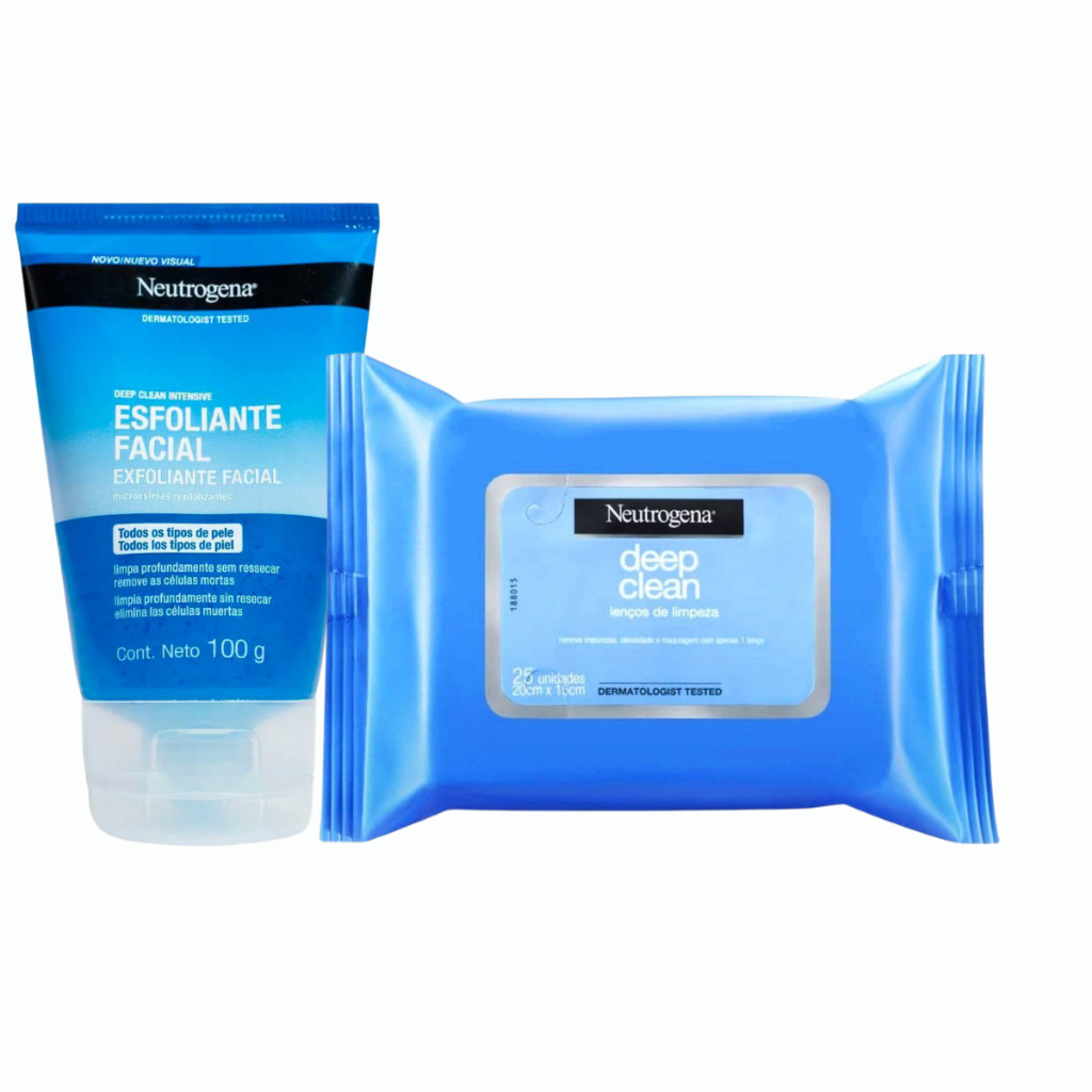 Kit Neutrogena Deep Clean Esfoliante Facial 100g + Lenços de Limpeza 25un | Limpeza Profunda
