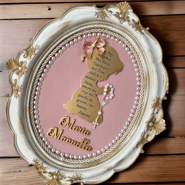 Enfeite porta maternidade resina oval oração santo anjo com nome do bebê menina