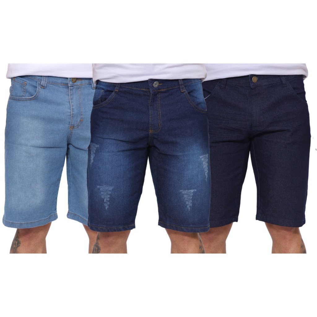 Kit 3 Bermudas Jeans Masculines Premium Lycra Elastano Lisa e Destroyed Direto da Fábrica