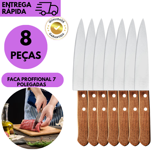 Kit 8/6/5 ou 3 Facas de Cozinha Inox 7” Cabo de Madeira Chef Churrasco Profissional uso Diário Resta