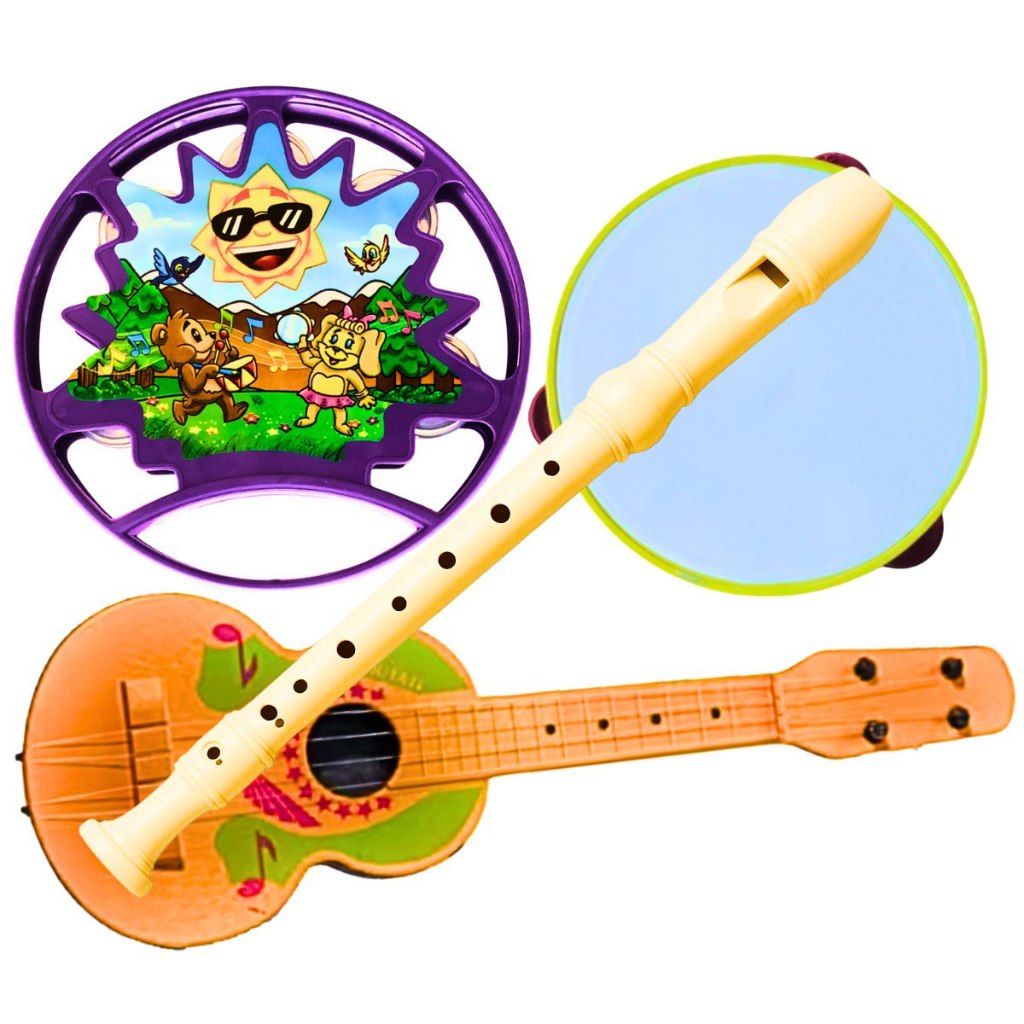 Kit 4 Intrumentos Pandeiro Brinquedo Infantil Viola Flauta Prenda Musical Pandeirinho Menino Menina