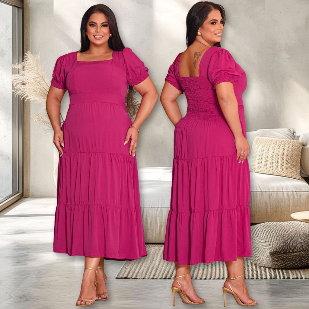 Vestido Plus Size Midi Que Abraça Seu Corpo Feminilidade Conforto Manga Princesa Moda Evangelica