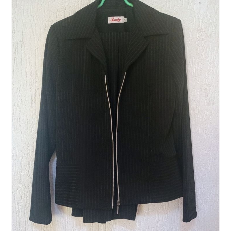 conjunto social feminino blazer e calça peça única preto risca de giz