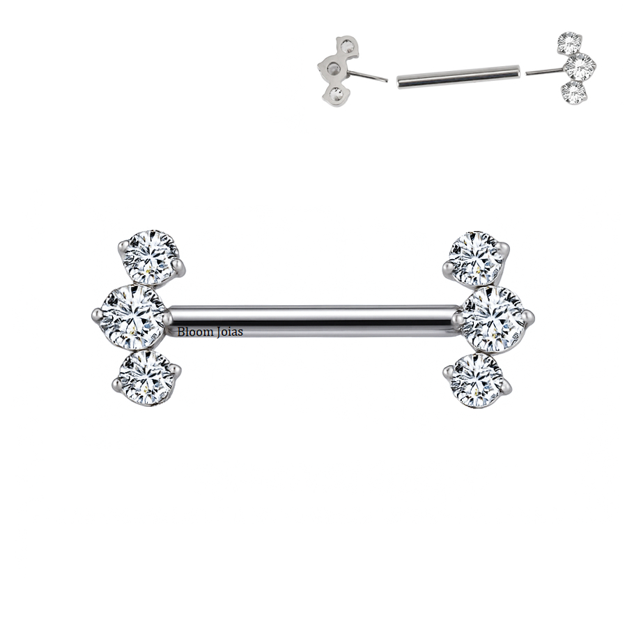 Piercing Barbell Mamilo Cluster Titânio G23 com 3 Zircônias Push Pin em Oferta na Shopee