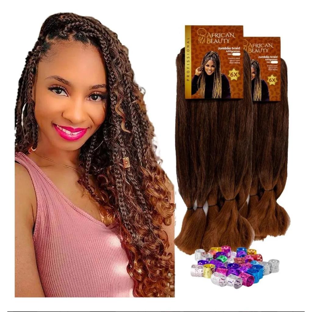 Cabelo Jumbo Jumbão Tranças  Braid African Beauty Fibra Especial Orgânica 400 Gramas +Anéis T2/30