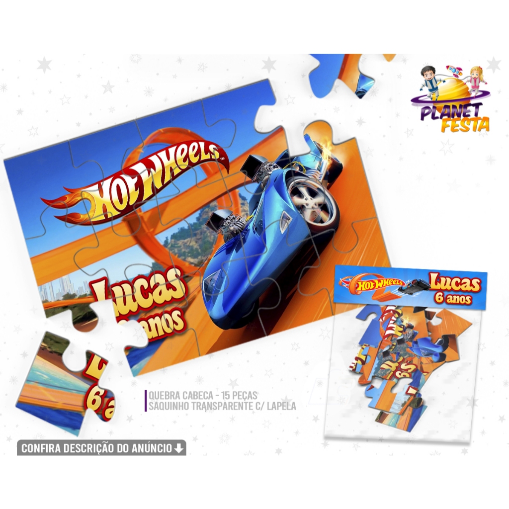 Quebra-Cabeça Personalizado Tema Hot Wheels Carrinhos | Lembrancinha de Aniversário 15 Peças