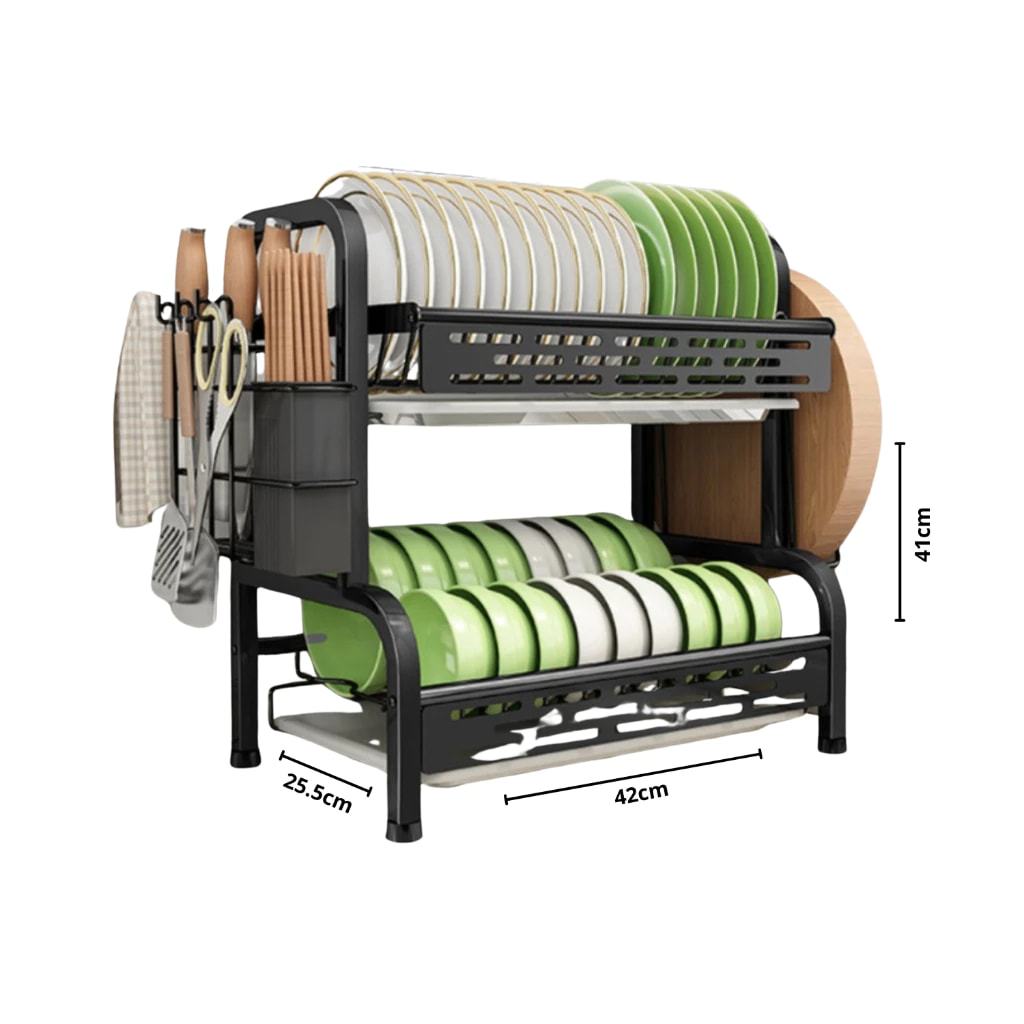 Escorredor de Louças 2 Andares 43x53cm - Organizador em Aço Inoxidável Preto para Cozinha