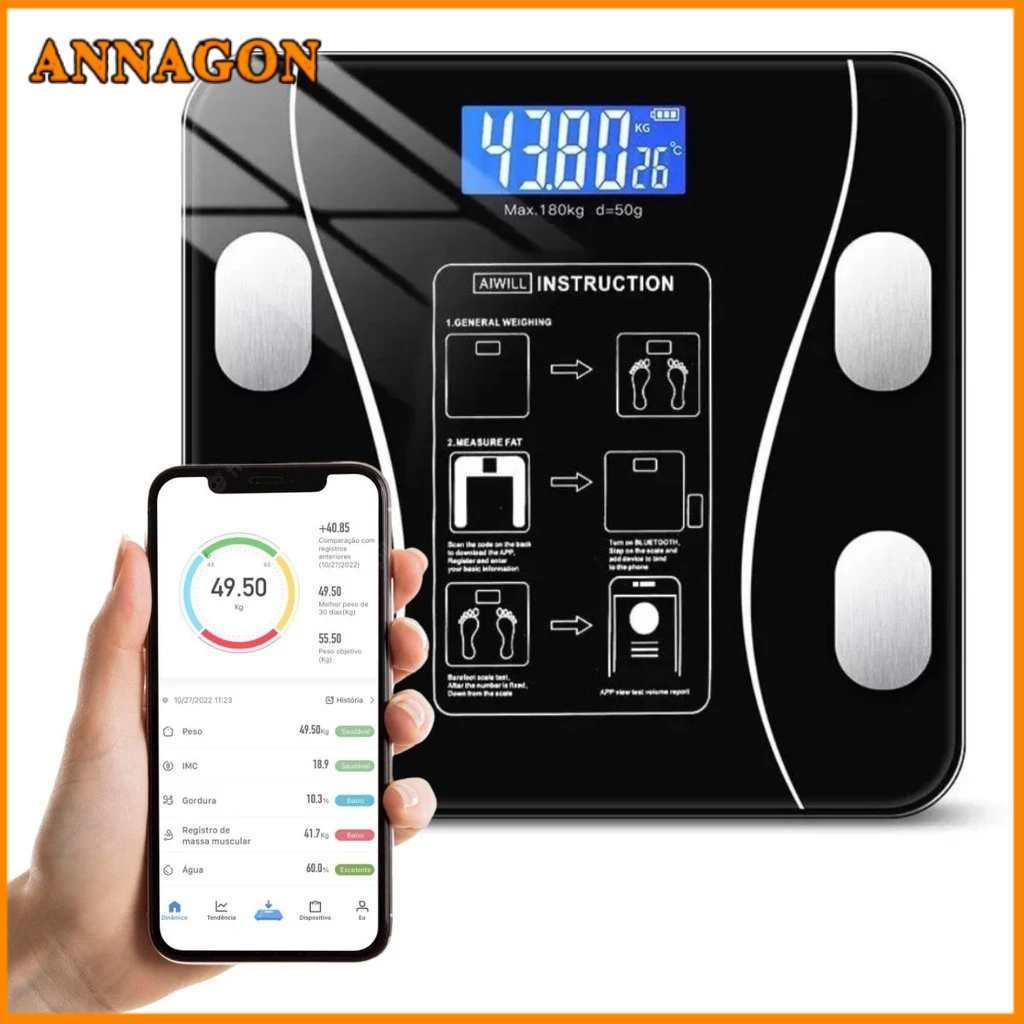 Balança Bioimpedancia Digital Bluetooth Corporal até 180kg Resultado Pelo Celular