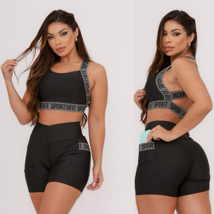 Conjunto Fitness Academia Feminino Top E Short De Academia Bolso Suplex