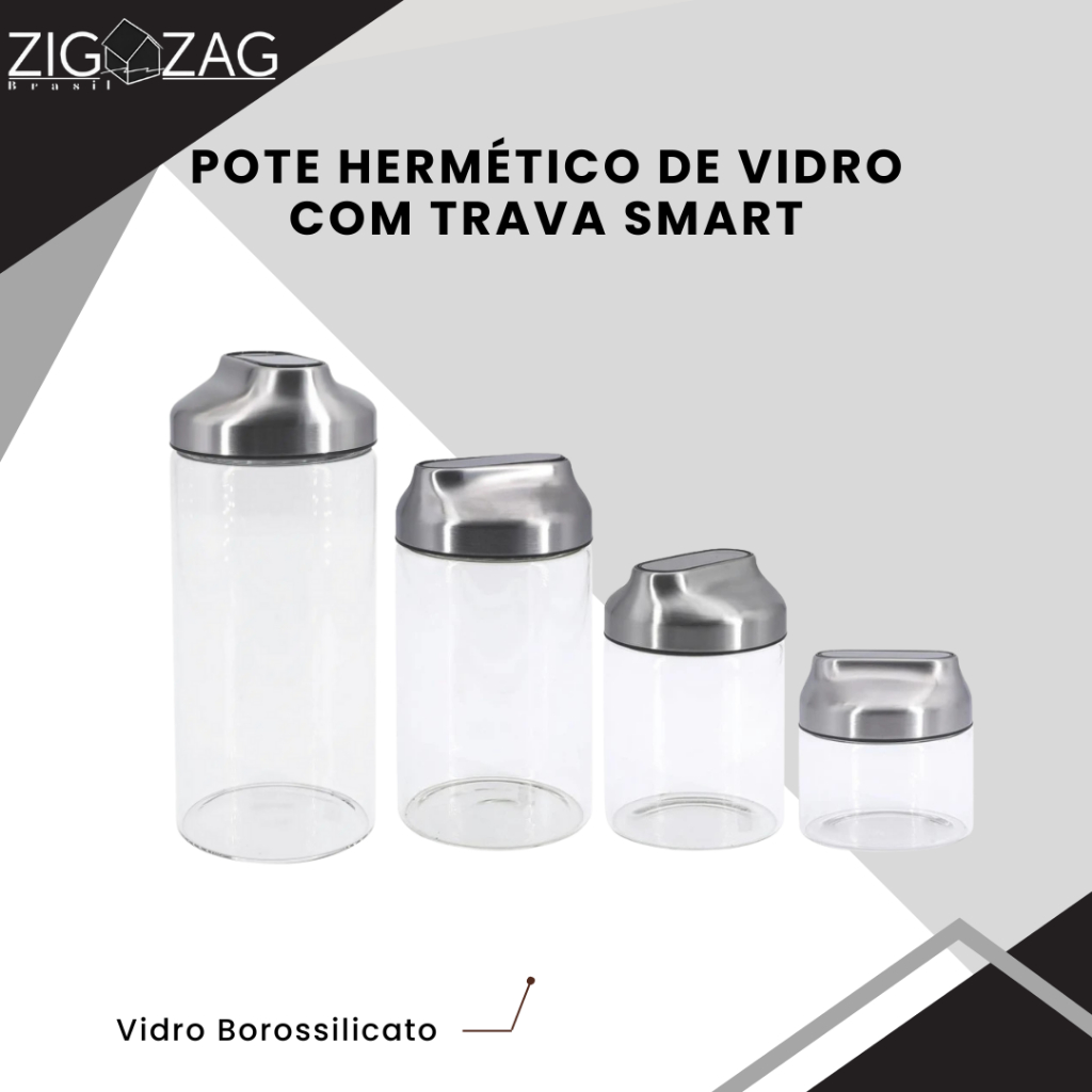 Pote Hermético de Vidro Borossilicato com Tampa em Inox com trava Smart 1,3L/960ml/390ml Mimo Style em Oferta na Shopee