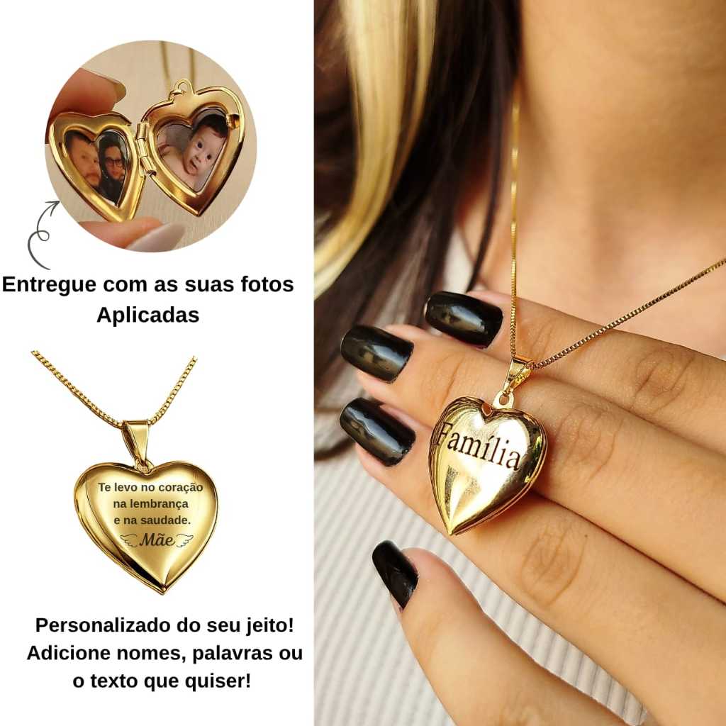 Colar Relicário com Foto Gravação Personalizada Nome Frase Presente Mãe Namorada Banhado a Ouro 18k