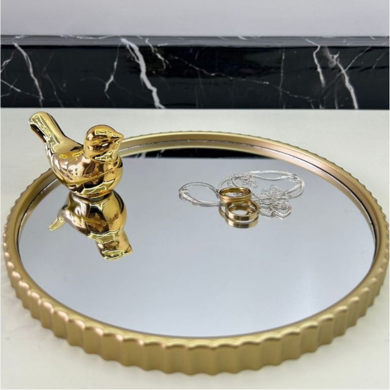 Bandeja Espelhada Banheiro Lavabo Bandeja Decorativa Multiuso Preta e Dourada