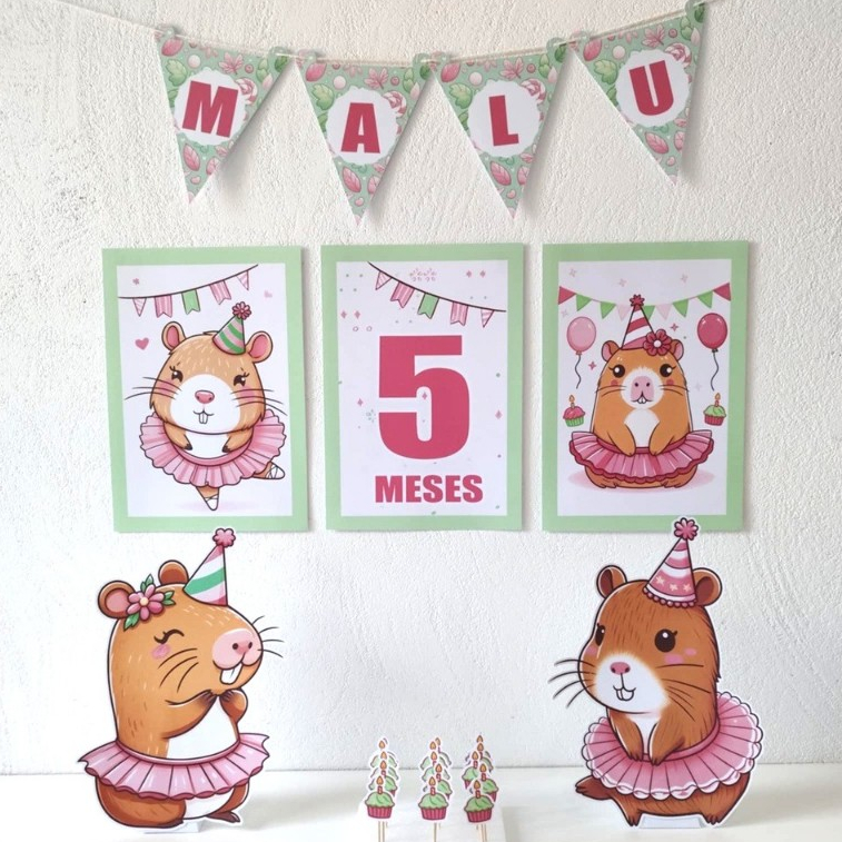 Capivara menina kit festa na mesa decoração infantil só um bolinho mimo personalizado para mesversário e aniversário