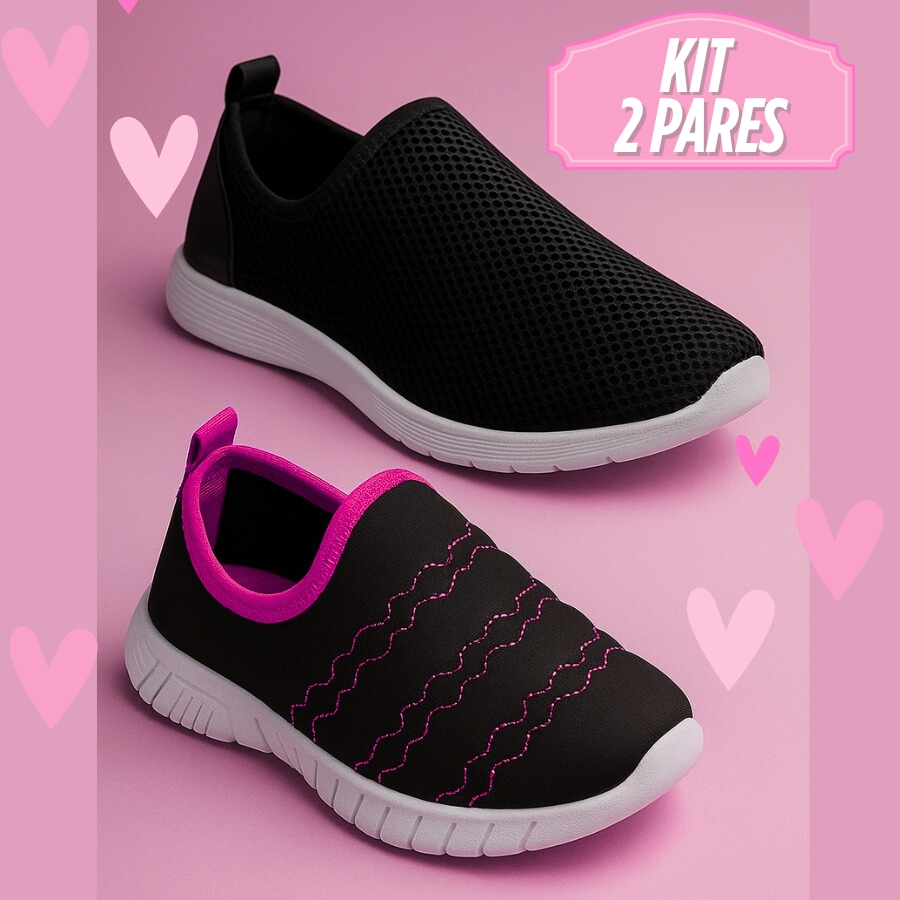 Kit 2 Pares Tênis Infantil Feminino Antiderrapante Confortável Estilo Macio Leve Anatômico Escolar Calce Fácil
