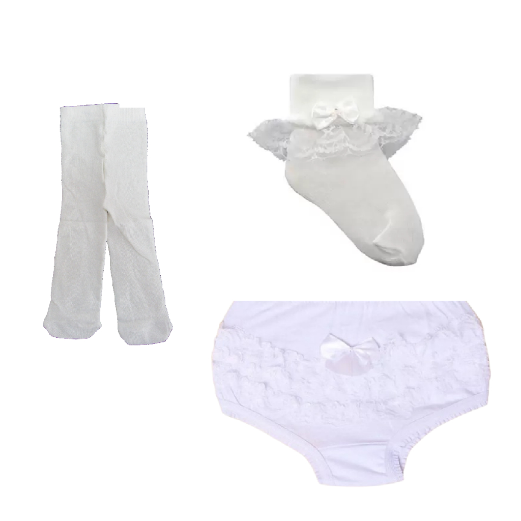 Kit 3 itens Calcinha Bebê Menina Bunda Rica + Meia Calça Fina Fio 20 + Meia Soquete Rendada Social Batizado.