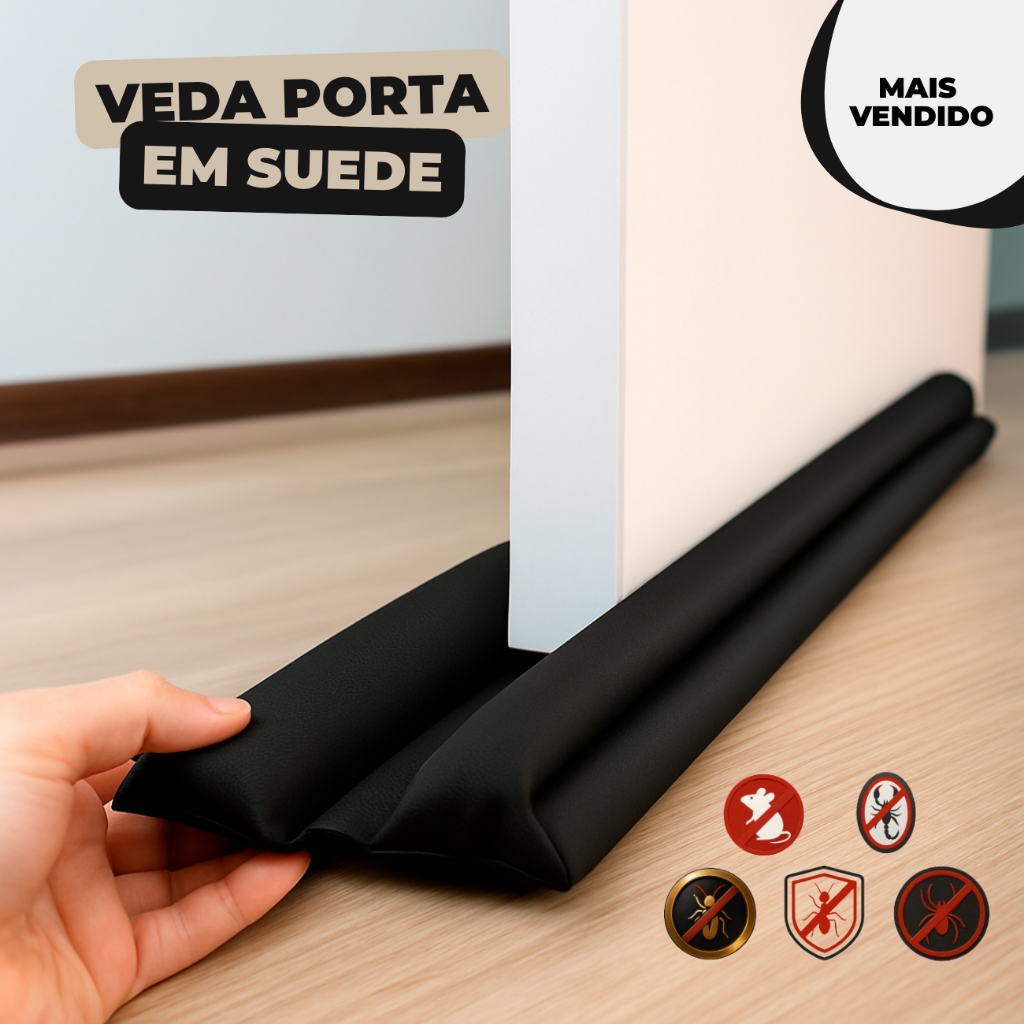 Protetor Veda Porta em Tecido Suede Preto 80cm - Anti Poeira e Insetos Com Acabamento Premium