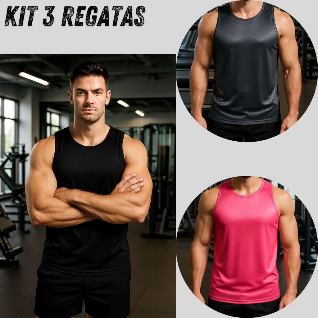 Kit 3 Regatas Masculina Nadador Academia, Treino e Fitness