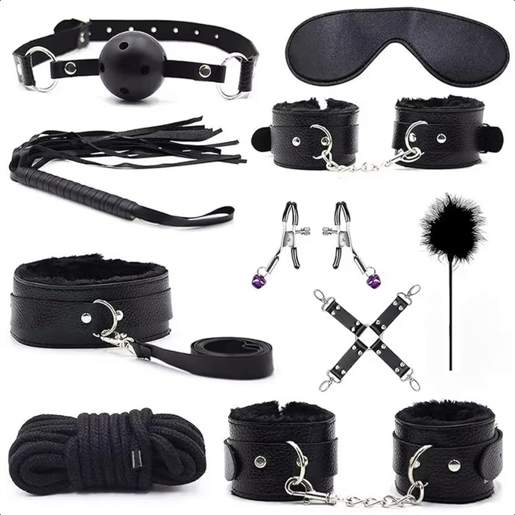 Kit 10 Bondage Bdsm Sado Couro Pelúcia Excita Fetiche Dominação Mordaça Algema Chicote Coleira em Oferta na Shopee