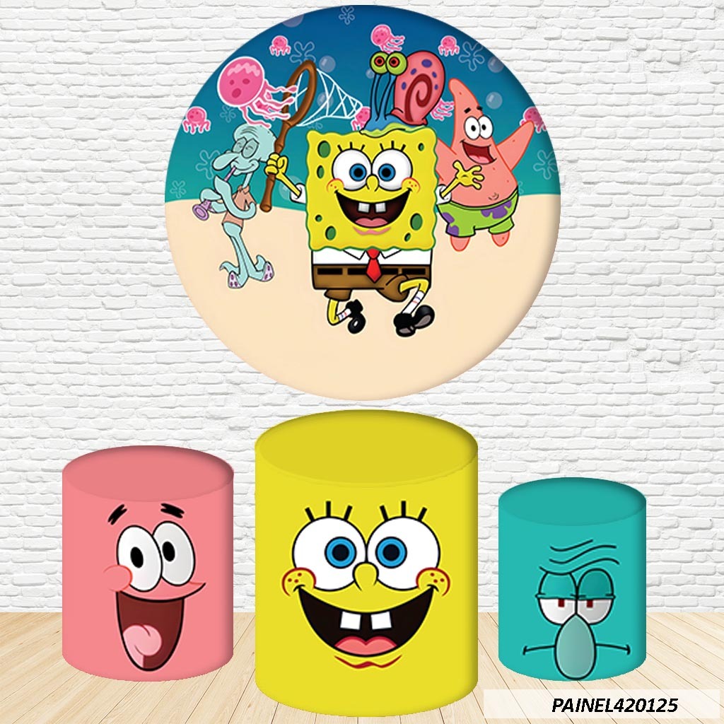 Kit de Capa Painel Redondo Sublimado Bob Esponja  1,50M + Trio Capas de Cilindro C/Elástico
