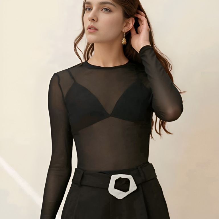Gola redonda blusa de Tule manga longa Malha Transparent Sem Sutiã várias cores