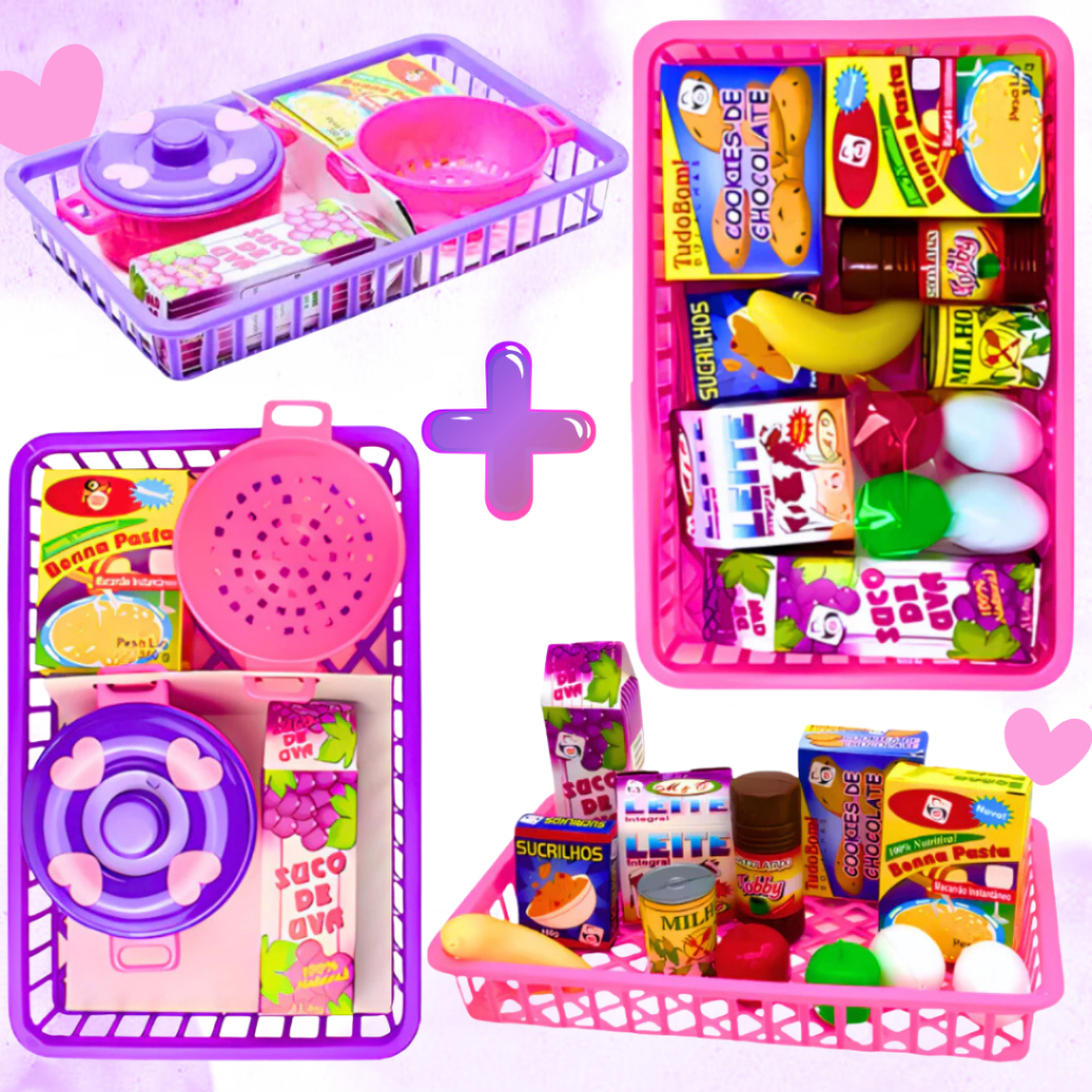 Brinquedo Para Menina Mercadinho + Panelinhas 18 Peças Mercadinho Feirinha Comidinhas Faz de Conta