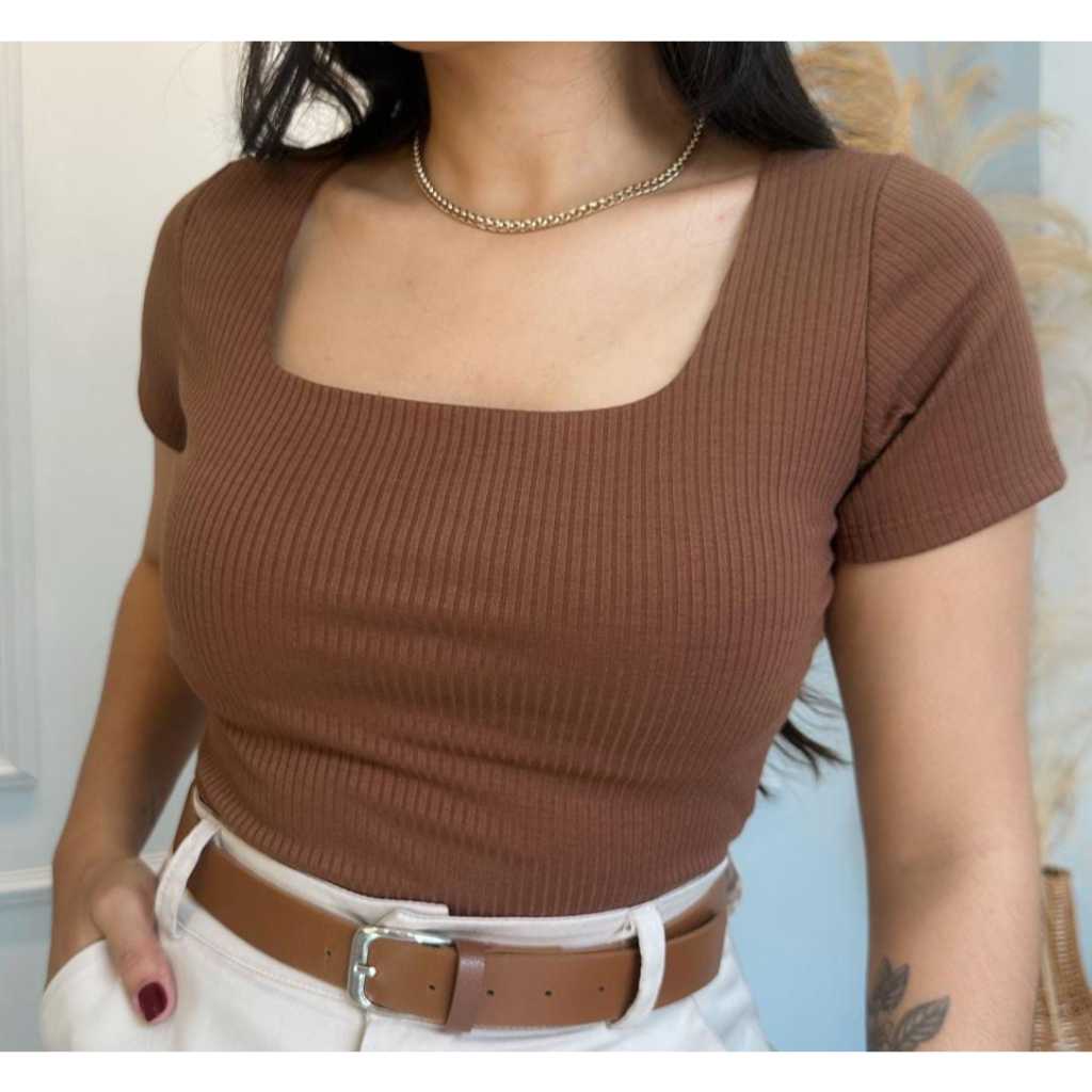 Blusa Feminina Decote Quadrado Canelada Básica Blusinha Elegante Dia a Dia Manga Curta Tra...