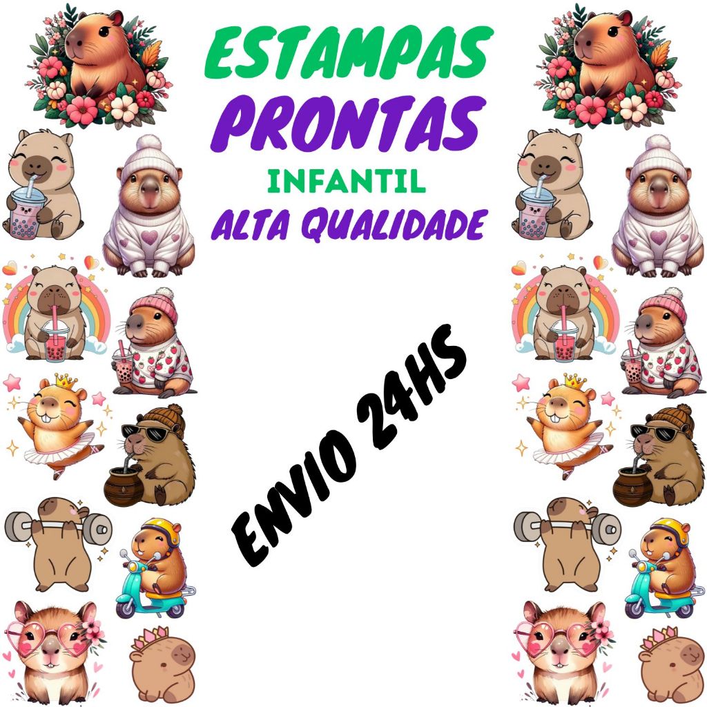 Estampa DTF Impressão Pronta Para Estampa Camisetas Infantil Desenhos Capivara Premium Alta Qualidade Envio No Mesmo Dia