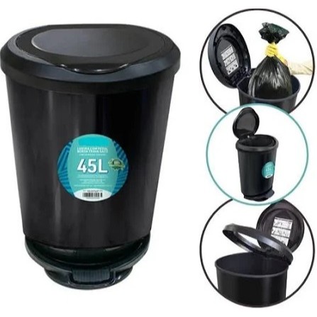 Lixeira Cozinha Banheiro Cor Preta Pedal e Borda 45l toy 25746 em Oferta na Shopee
