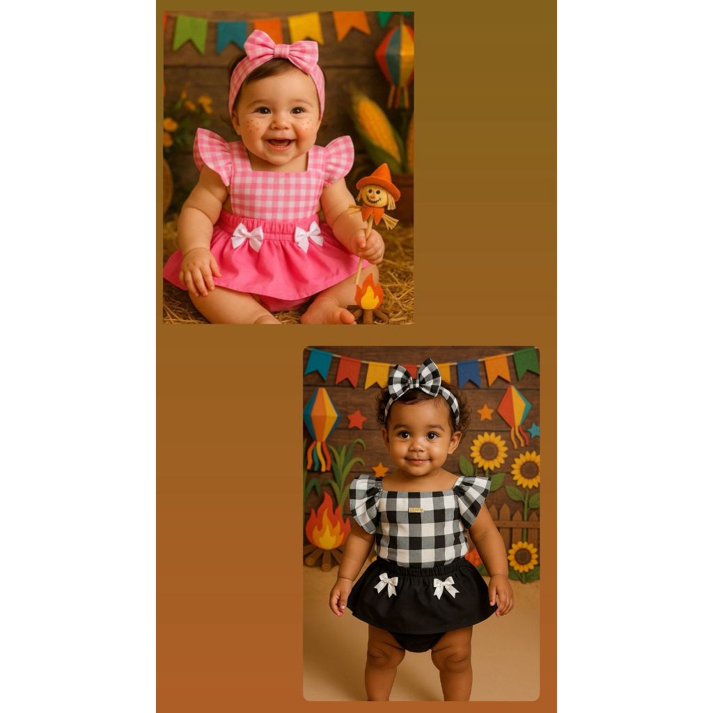 Romper temático de festa junina Vestidinho Festa de São João Romper baby Arraial Romper Xadrez Fantasia de festa julina