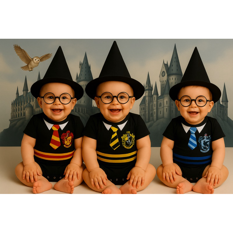 Fantasia Completa Harry Potter para Bebê Body + Óculos + Chapéu Bruxo Look Temático para Mesversário e Ensaio
