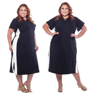 Vestido Mídi Plus Size com Fenda Lateral de Algodão e Manga ] Moda Casual Evangelico Mais Vendidos em Oferta na Shopee