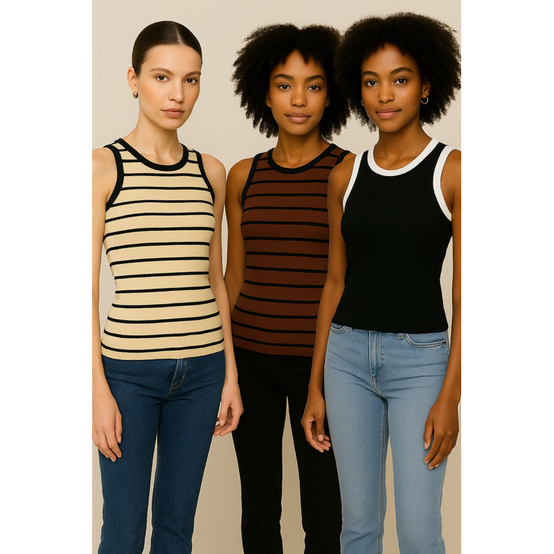 Kit 3 blusas Regatas  Femininas Básica Casual,Lisa e Listradas Americanas Caneladas