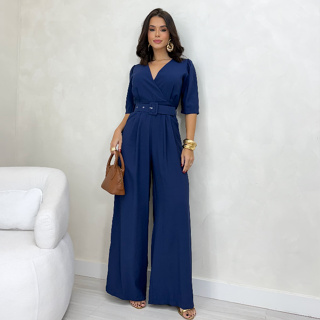 Macacão Feminino com Cinto  Manga 3/4 Elegante no tecido marrant em Oferta na Shopee