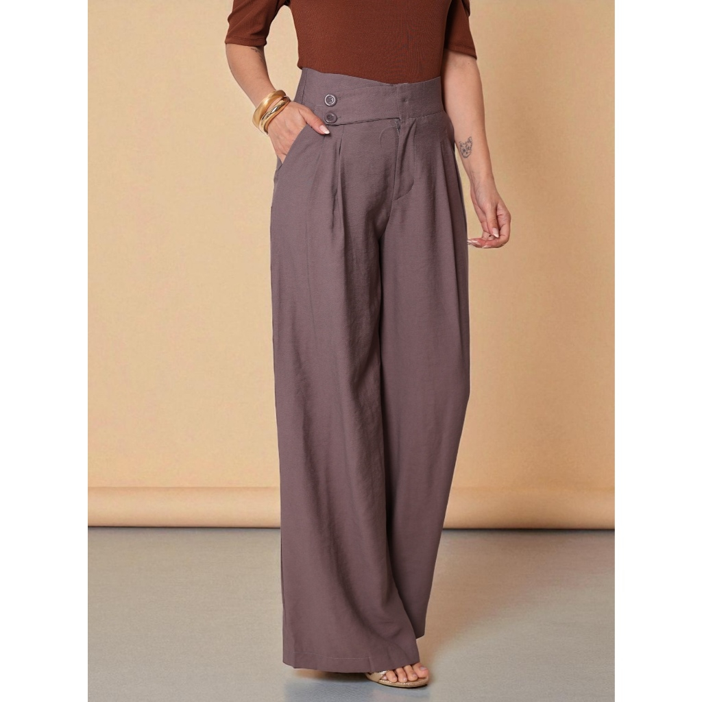 Calça Pantalona Cintura Alta Com Elástico E Bolsos Elegante COD 155 em Oferta na Shopee