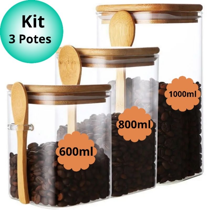 Kit 3 Potes Hergometrico de Vidro Quadrado 600ml  800ml 1000ml Tampa  E Colher Bambu Utensílios em Oferta na Shopee