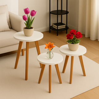 Kit Mesas de Apoio Redondas MDF com Pés Palito – 2 ou 3 Unidades, Mesa Lateral Retrô Decorativa Sala Cozinha Quarto em Oferta na Shopee