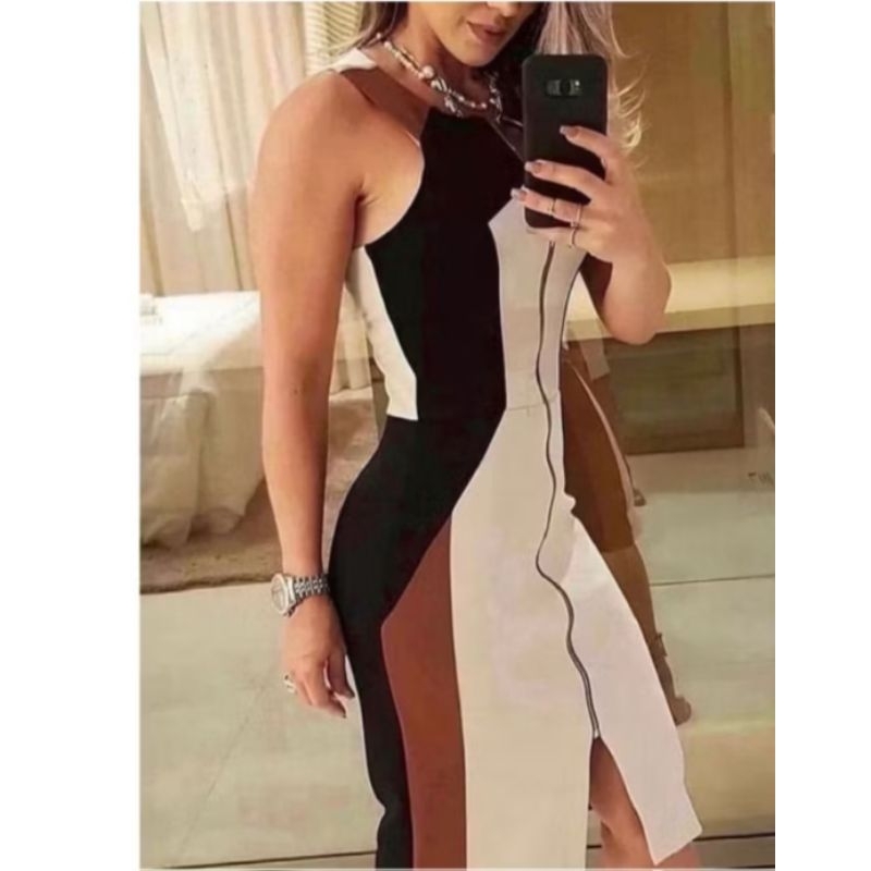 VESTIDO MIDI  ZIPER FRONTAL MODELO REGATA em Oferta na Shopee
