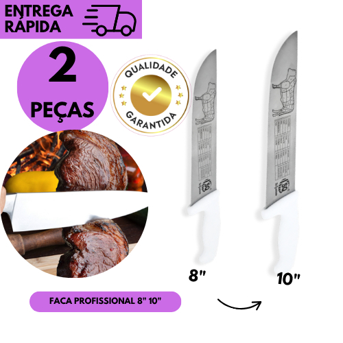 Kits 2 ou 1 Faca Profissional Churrasco Inox Cabo Branco 8 e 10 Polegadas Cozinha Churrascaria Resta