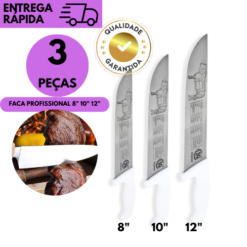 Kit 3 ou 2 Faca Profissional Churrasco Inox Cabo Branco 8,10,12 Polegadas Cozinha Churrasco Afiada